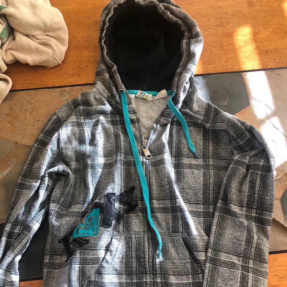 Roxy Zip Up Hoodie Plaid Gray Black Teal M Cool